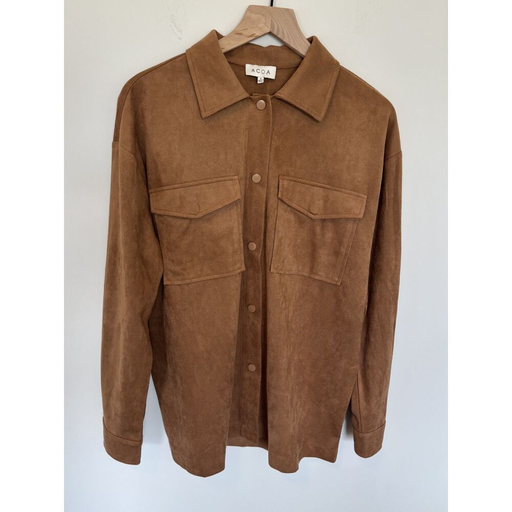 ACOA Tan/Brown Faux Suede Jacket Overcoat Snap Button Shirt Women's Size S
